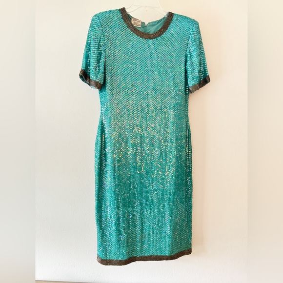 Vintage Stenay Turquoise Sequin Gown Mini Dress XS - Picture 1 of 15